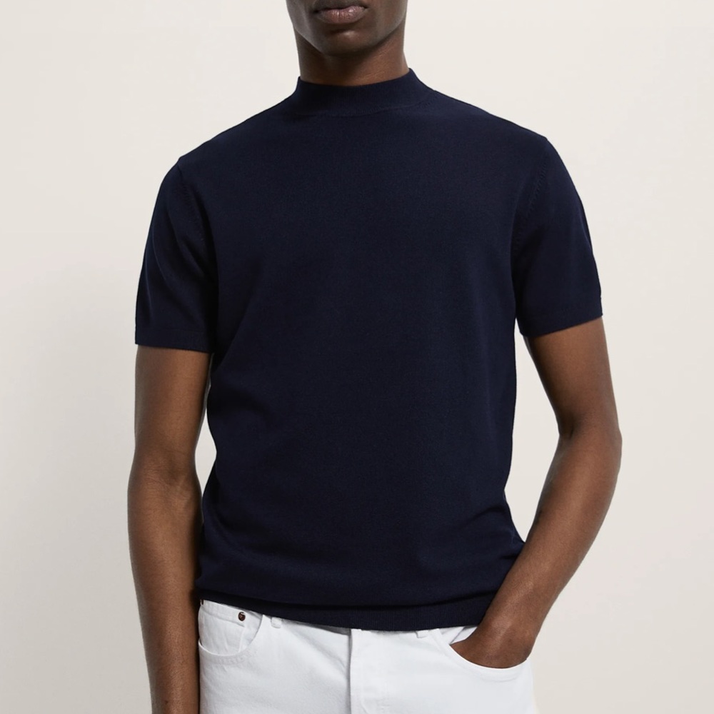 Zara Navy Mock Neck Short Sleeve Sweater